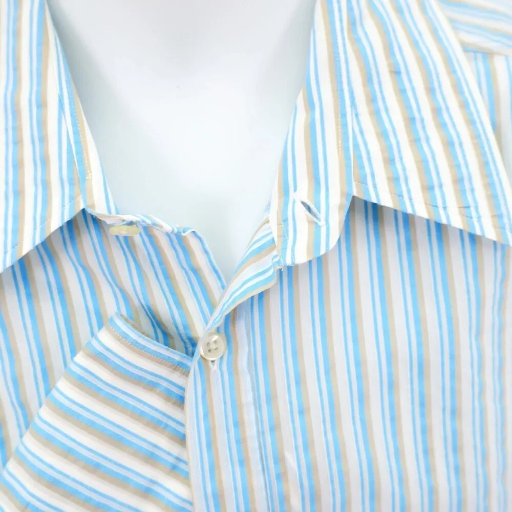 Hugo Boss Slim Fit Blue Tan‎ White Striped XL Collared Dress Shirt Long Sleeve - Picture 2 of 10